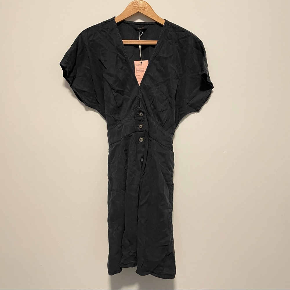 Quince Women's Small Black Tencel Midi Dress Button Down Short Sleeve Pockets - Picture 2 of 5